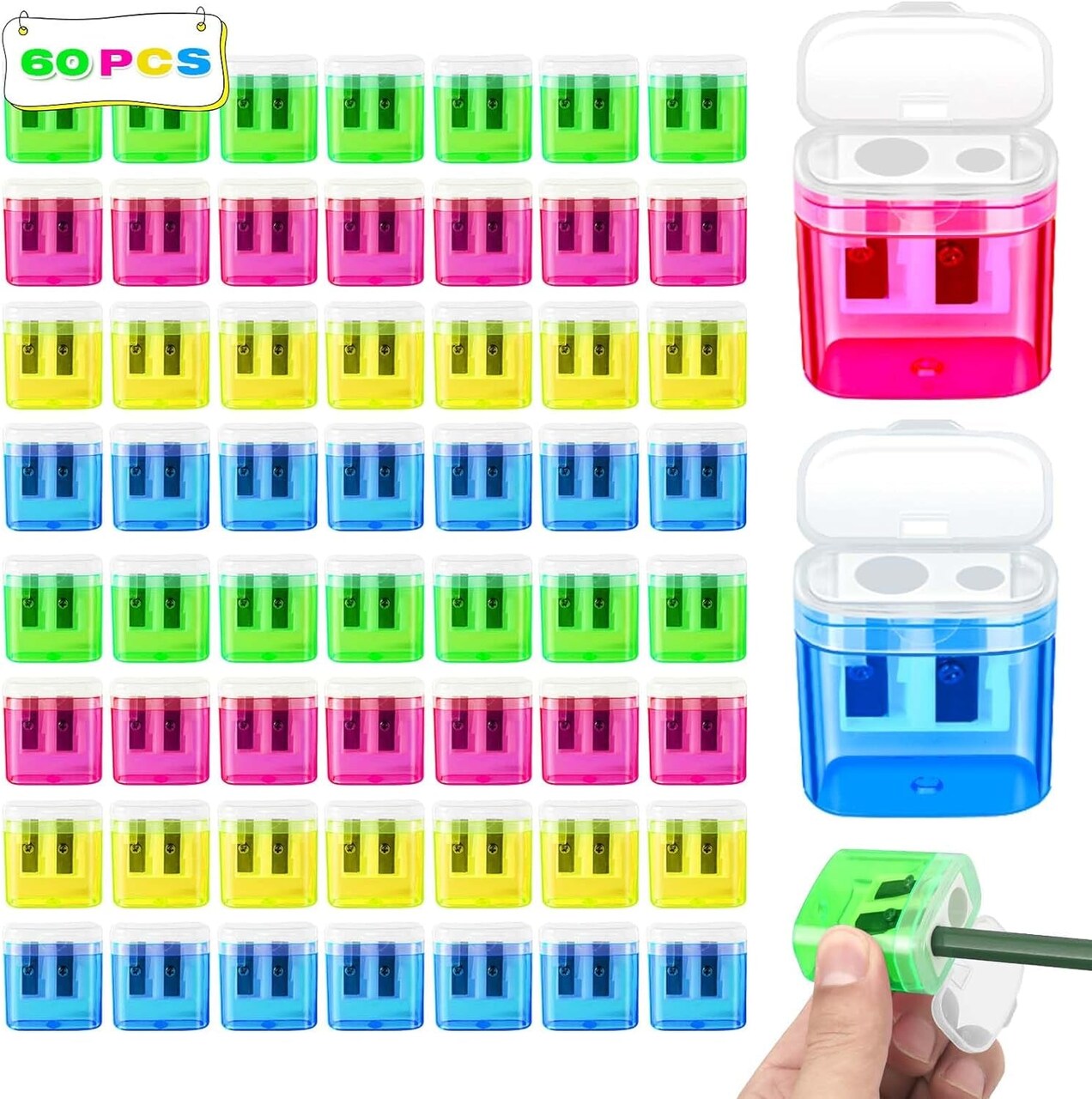 60 Pack Pencil Sharpener Bulk, Manual Pencil Sharpener with Lid for Kids, Double Hole Handheld Pencil Sharpeners for Classroom School Office Supplies, 4 Colors